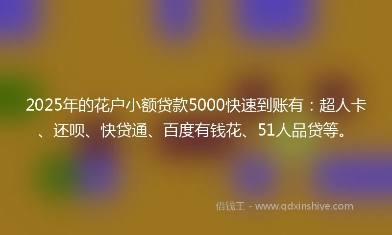 2025年的花户小额贷款5000快速到账有：超人卡、还呗、快贷通、百度有钱花、51人品贷等。