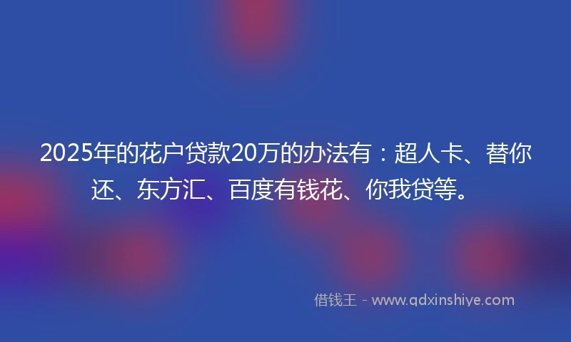 2025年的花户贷款20万的办法有：超人卡、替你还、东方汇、百度有钱花、你我贷等。