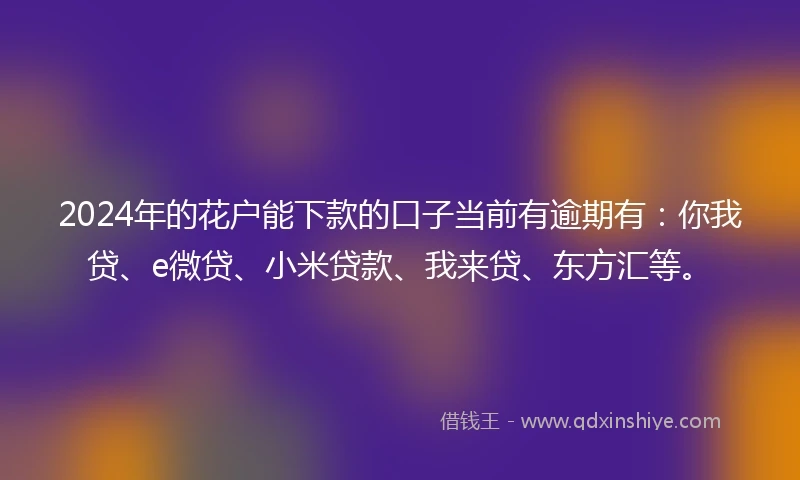 2024年的花户能下款的口子当前有逾期有：你我贷、e微贷、小米贷款、我来贷、东方汇等。