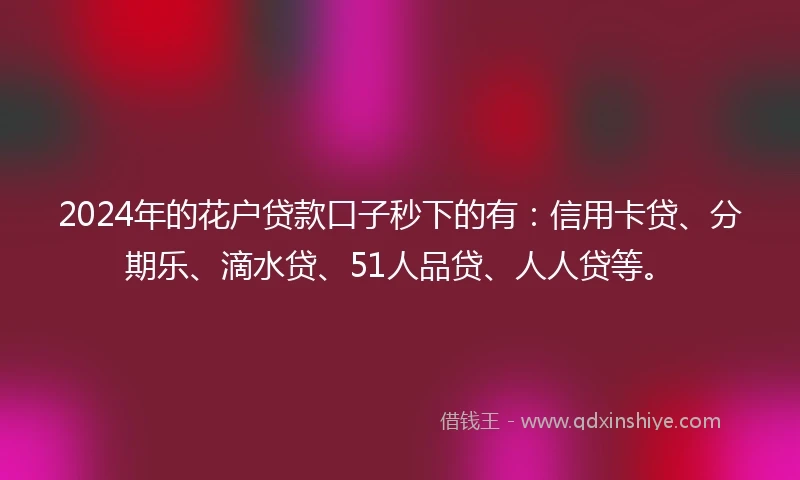 2024年的花户贷款口子秒下的有：信用卡贷、分期乐、滴水贷、51人品贷、人人贷等。