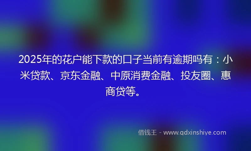 2025年的花户能下款的口子当前有逾期吗有：小米贷款、京东金融、中原消费金融、投友圈、惠商贷等。