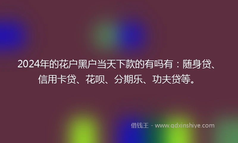 2024年的花户黑户当天下款的有吗有：随身贷、信用卡贷、花呗、分期乐、功夫贷等。