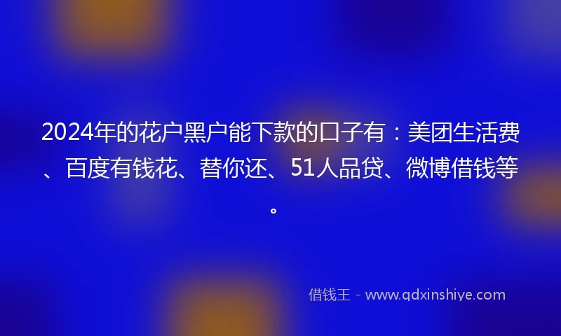 2024年的花户黑户能下款的口子有：美团生活费、百度有钱花、替你还、51人品贷、微博借钱等。