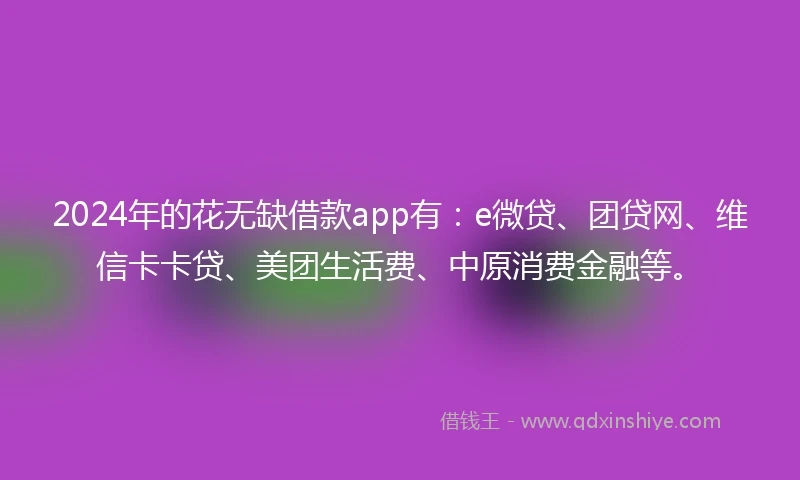 2024年的花无缺借款app有：e微贷、团贷网、维信卡卡贷、美团生活费、中原消费金融等。