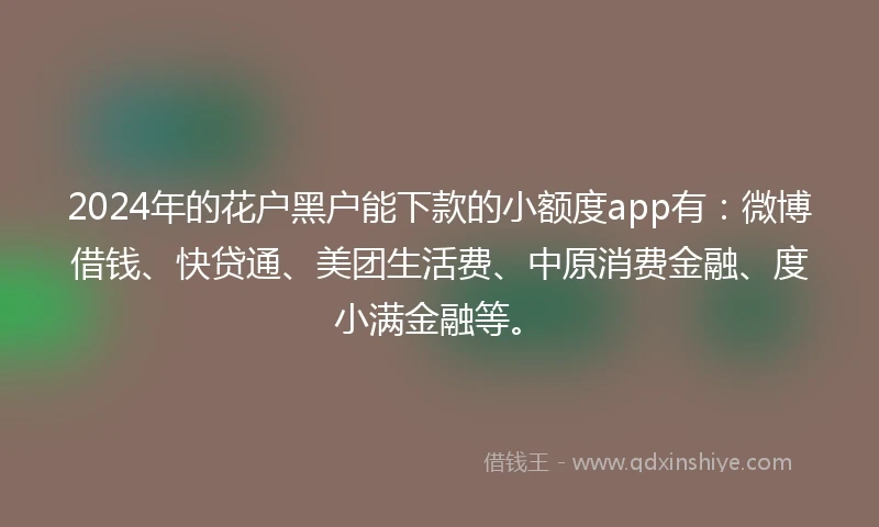 2024年的花户黑户能下款的小额度app有：微博借钱、快贷通、美团生活费、中原消费金融、度小满金融等。
