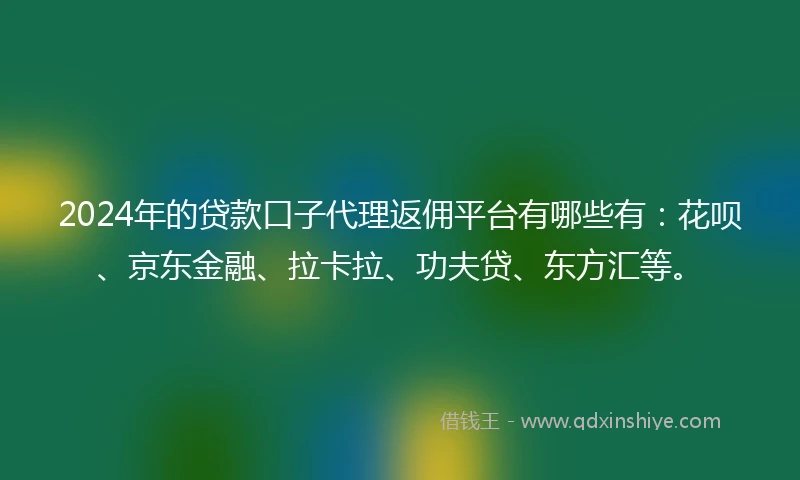2024年的贷款口子代理返佣平台有哪些有：花呗、京东金融、拉卡拉、功夫贷、东方汇等。