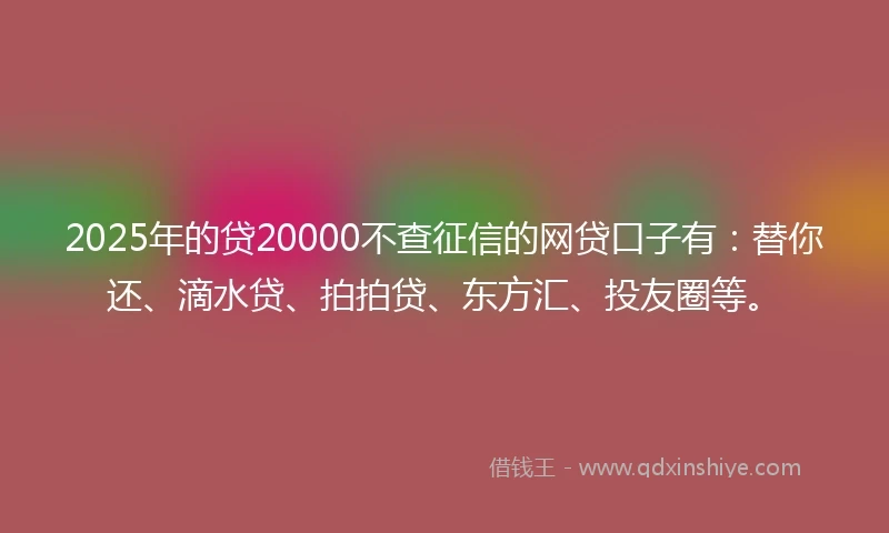 2025年的贷20000不查征信的网贷口子有：替你还、滴水贷、拍拍贷、东方汇、投友圈等。