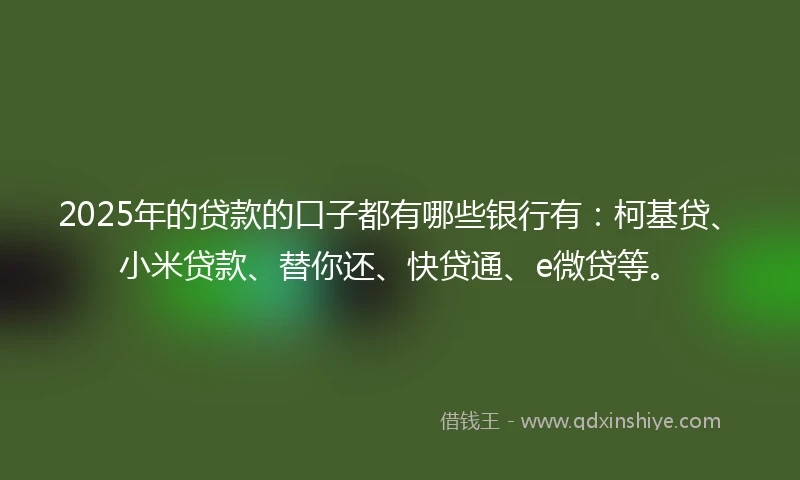 2025年的贷款的口子都有哪些银行有:柯基贷、小米贷款、替你还、快贷通、e微贷等。