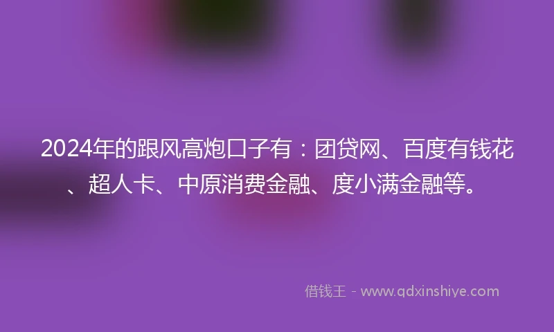 2024年的跟风高炮口子有：团贷网、百度有钱花、超人卡、中原消费金融、度小满金融等。