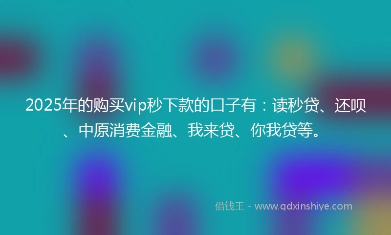 2025年的购买vip秒下款的口子有：读秒贷、还呗、中原消费金融、我来贷、你我贷等。