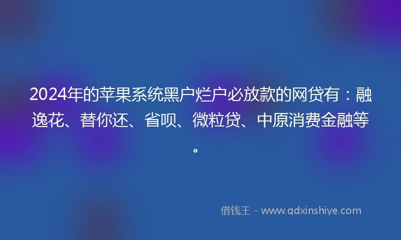 2024年的苹果系统黑户烂户必放款的网贷有：融逸花、替你还、省呗、微粒贷、中原消费金融等。