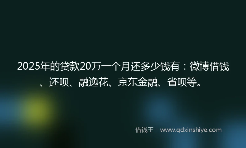 2025年的贷款20万一个月还多少钱有：微博借钱、还呗、融逸花、京东金融、省呗等。