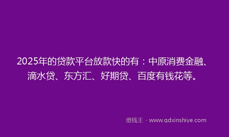 2025年的贷款平台放款快的有：中原消费金融、滴水贷、东方汇、好期贷、百度有钱花等。