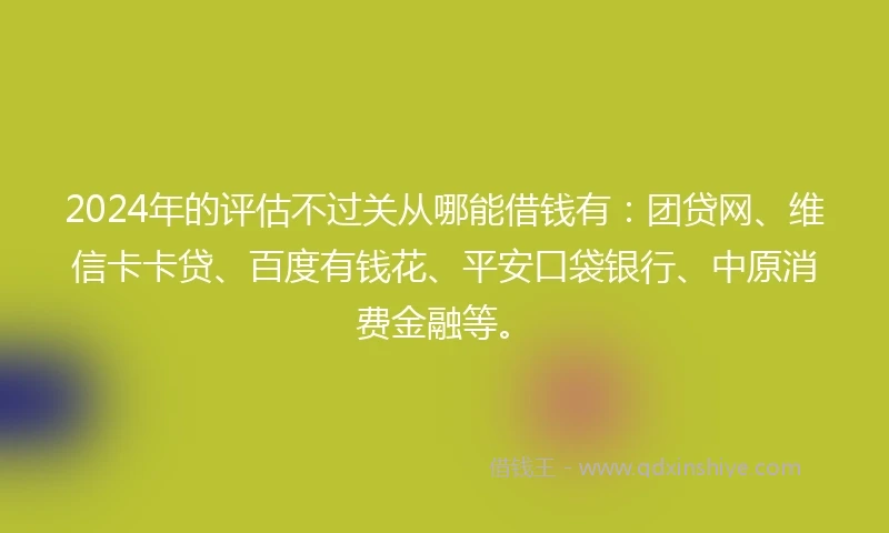 2024年的评估不过关从哪能借钱有：团贷网、维信卡卡贷、百度有钱花、平安口袋银行、中原消费金融等。
