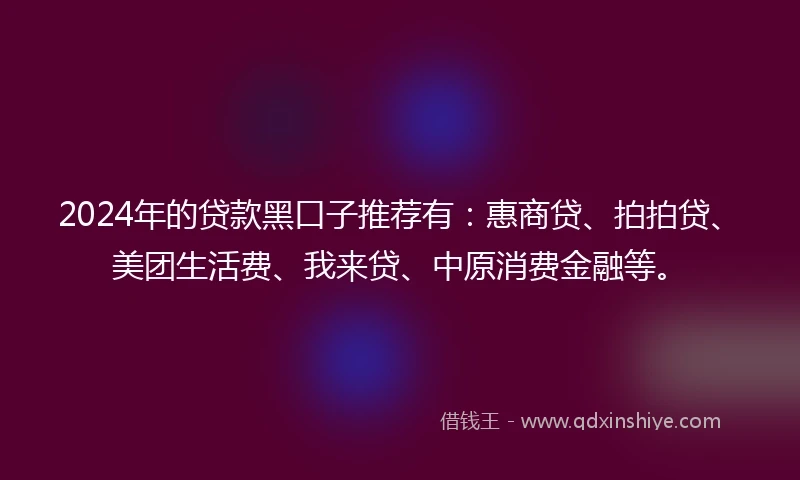 2024年的贷款黑口子推荐有：惠商贷、拍拍贷、美团生活费、我来贷、中原消费金融等。