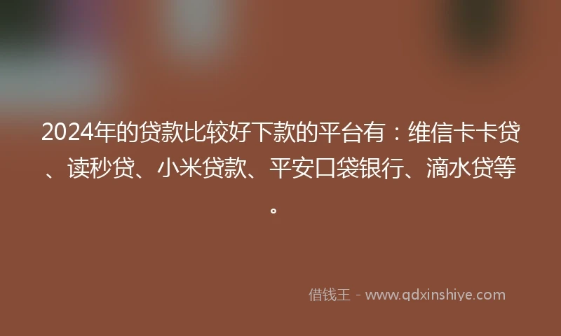 2024年的贷款比较好下款的平台有：维信卡卡贷、读秒贷、小米贷款、平安口袋银行、滴水贷等。