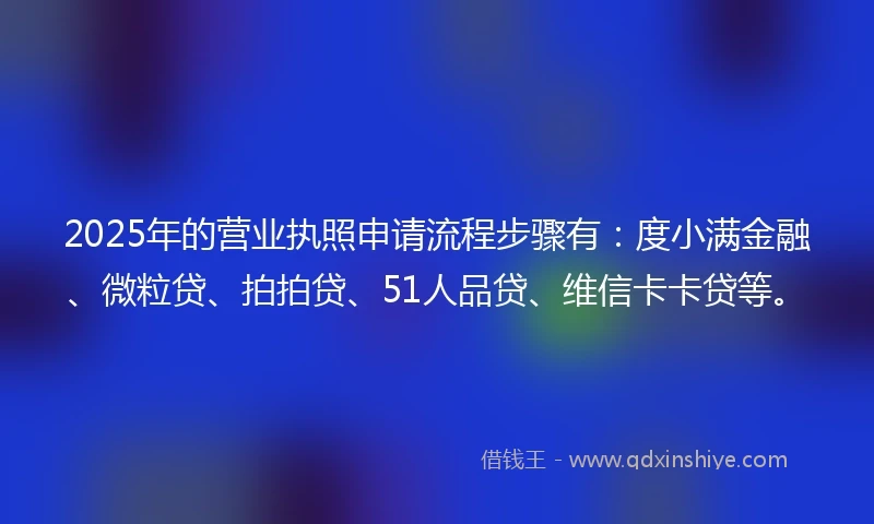 2025年的营业执照申请流程步骤有：度小满金融、微粒贷、拍拍贷、51人品贷、维信卡卡贷等。