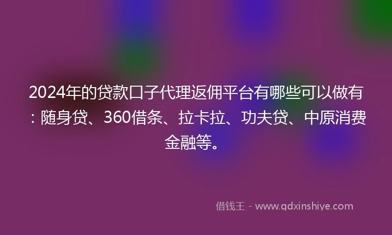 2024年的贷款口子代理返佣平台有哪些可以做有：随身贷、360借条、拉卡拉、功夫贷、中原消费金融等。
