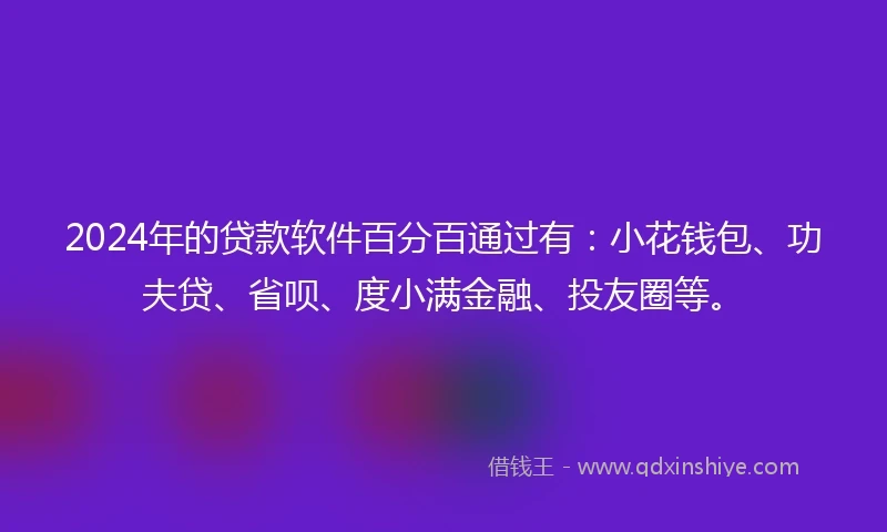 2024年的贷款软件百分百通过有：小花钱包、功夫贷、省呗、度小满金融、投友圈等。