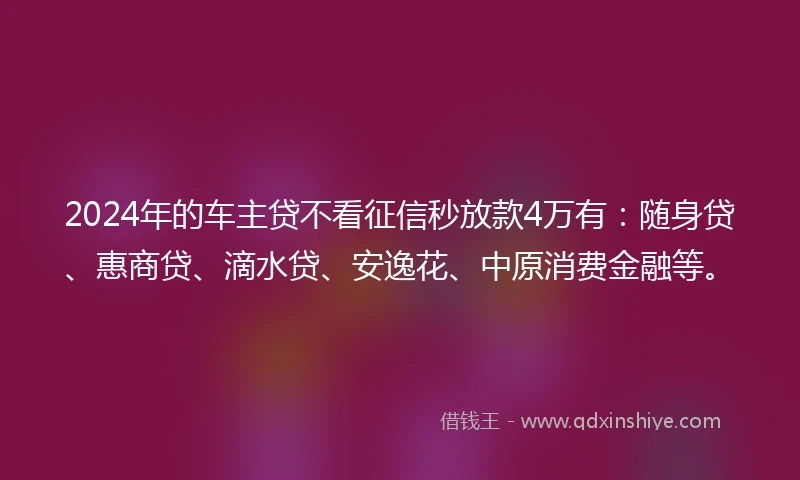 2024年的车主贷不看征信秒放款4万有：随身贷、惠商贷、滴水贷、安逸花、中原消费金融等。