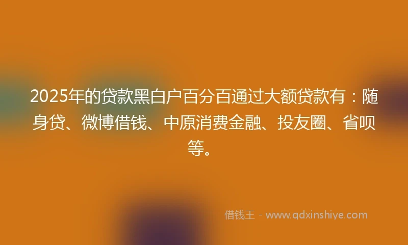 2025年的贷款黑白户百分百通过大额贷款有:随身贷、微博借钱、中原消费金融、投友圈、省呗等。