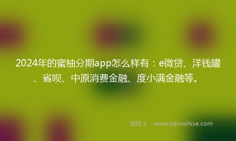 2024年的蜜柚分期app怎么样有：e微贷、洋钱罐、省呗、中原消费金融、度小满金融等。
