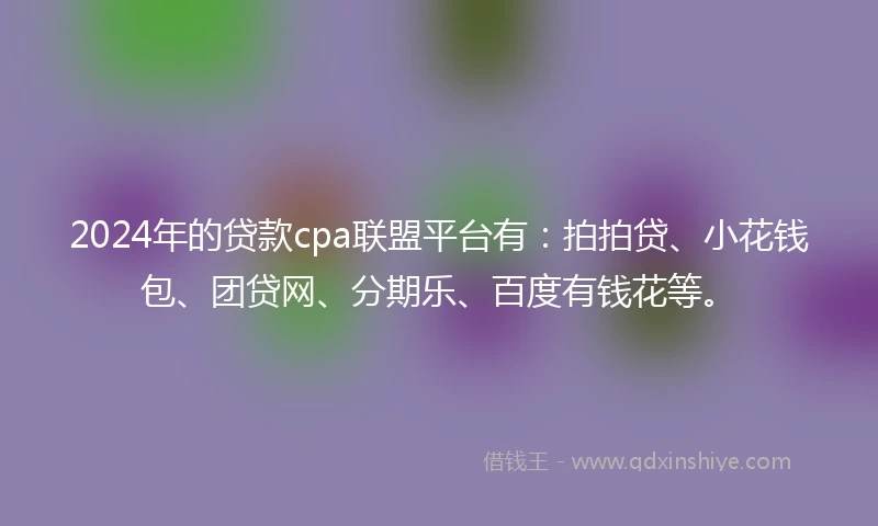 2024年的贷款cpa联盟平台有：拍拍贷、小花钱包、团贷网、分期乐、百度有钱花等。