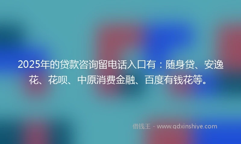 2025年的贷款咨询留电话入口有：随身贷、安逸花、花呗、中原消费金融、百度有钱花等。