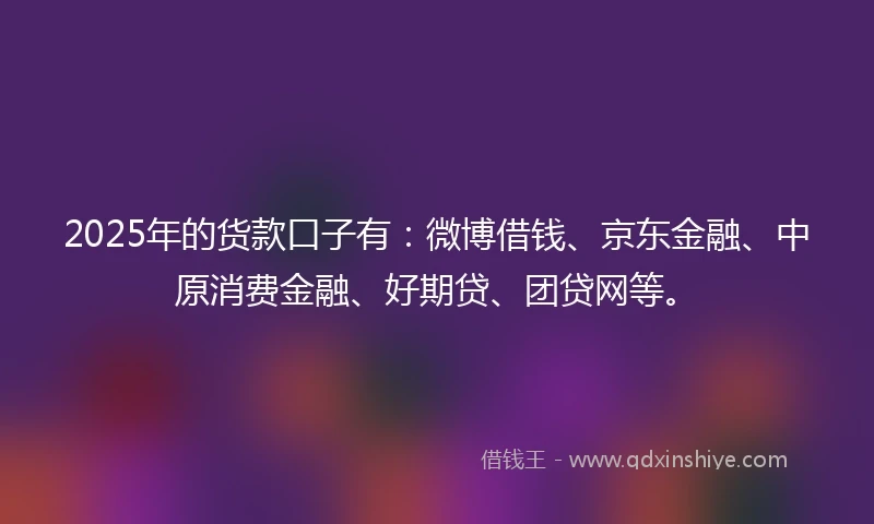 2025年的货款口子有：微博借钱、京东金融、中原消费金融、好期贷、团贷网等。