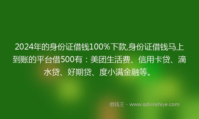 2024年的身份证借钱100%下款,身份证借钱马上到账的平台借500有：美团生活费、信用卡贷、滴水贷、好期贷、度小满金融等。