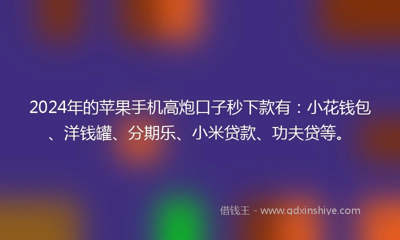2024年的苹果手机高炮口子秒下款有：小花钱包、洋钱罐、分期乐、小米贷款、功夫贷等。