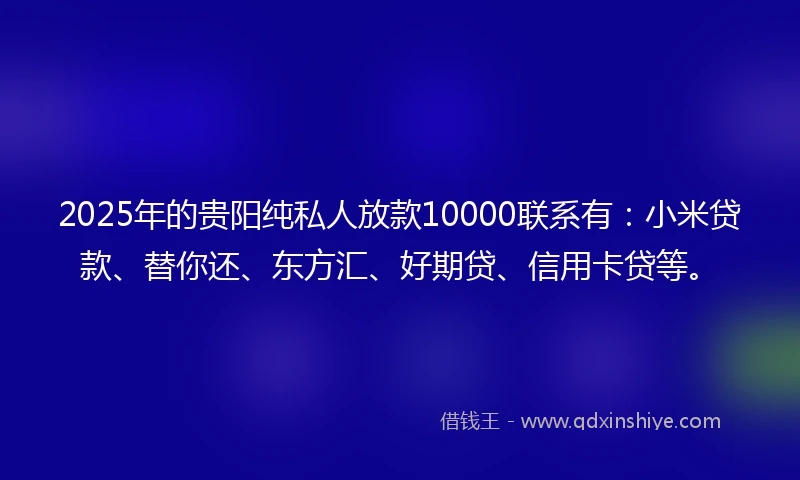 2025年的贵阳纯私人放款10000联系有：小米贷款、替你还、东方汇、好期贷、信用卡贷等。