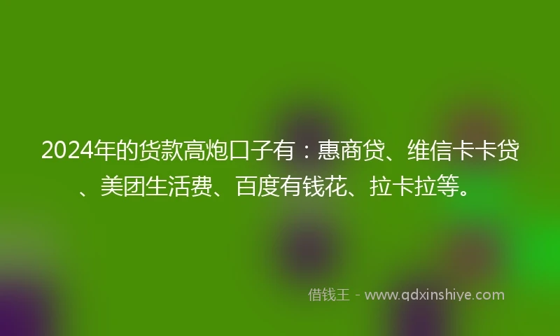 2024年的货款高炮口子有：惠商贷、维信卡卡贷、美团生活费、百度有钱花、拉卡拉等。