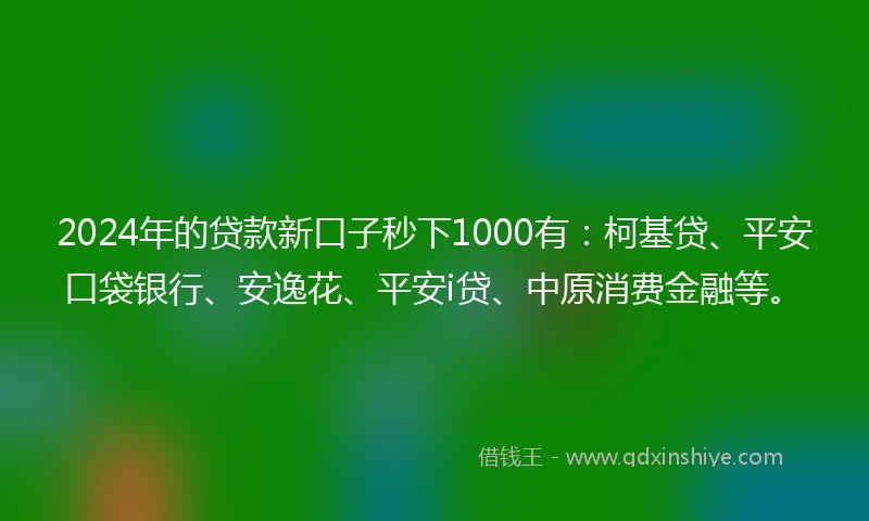 2024年的贷款新口子秒下1000有：柯基贷、平安口袋银行、安逸花、平安i贷、中原消费金融等。