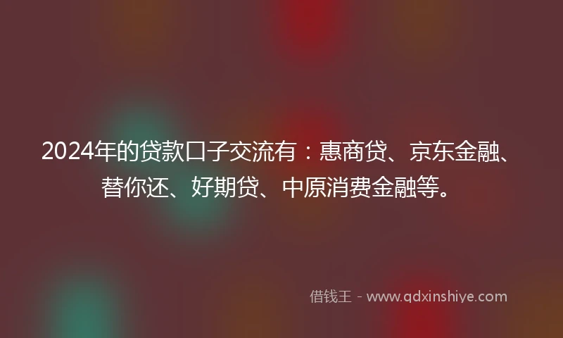 2024年的贷款口子交流有：惠商贷、京东金融、替你还、好期贷、中原消费金融等。