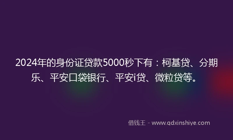 2024年的身份证贷款5000秒下有：柯基贷、分期乐、平安口袋银行、平安i贷、微粒贷等。