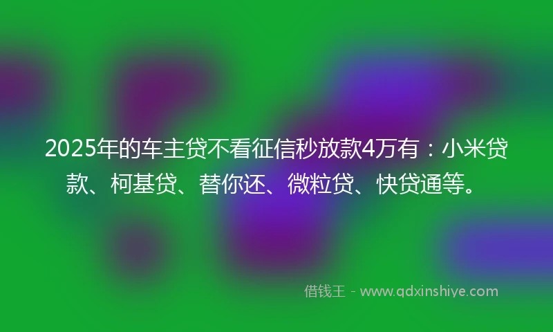 2025年的车主贷不看征信秒放款4万有：小米贷款、柯基贷、替你还、微粒贷、快贷通等。