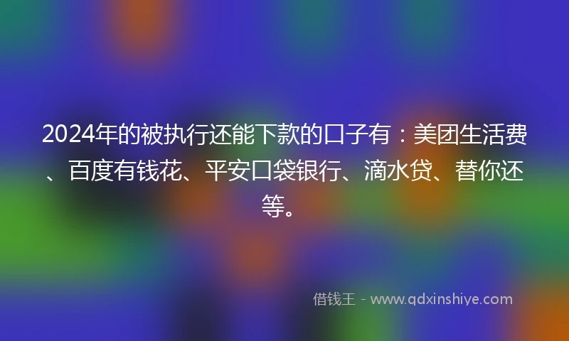 2024年的被执行还能下款的口子有：美团生活费、百度有钱花、平安口袋银行、滴水贷、替你还等。