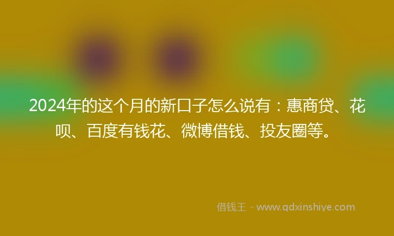 2024年的这个月的新口子怎么说有：惠商贷、花呗、百度有钱花、微博借钱、投友圈等。