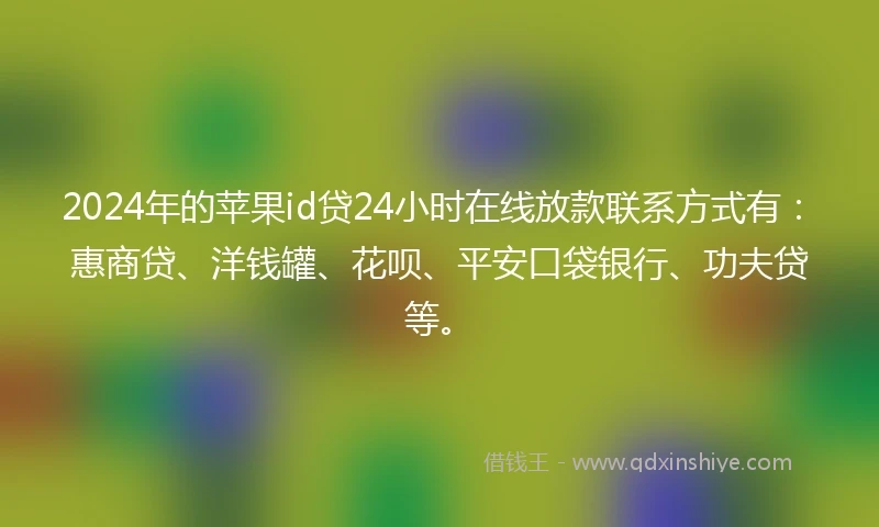 2024年的苹果id贷24小时在线放款联系方式有：惠商贷、洋钱罐、花呗、平安口袋银行、功夫贷等。