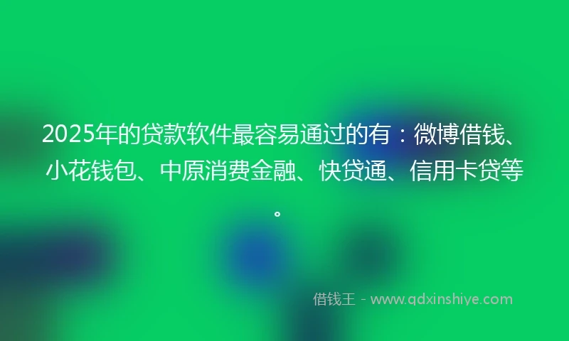 2025年的贷款软件最容易通过的有：微博借钱、小花钱包、中原消费金融、快贷通、信用卡贷等。