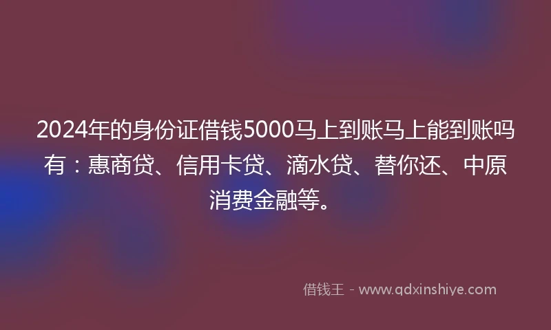 2024年的身份证借钱5000马上到账马上能到账吗有：惠商贷、信用卡贷、滴水贷、替你还、中原消费金融等。