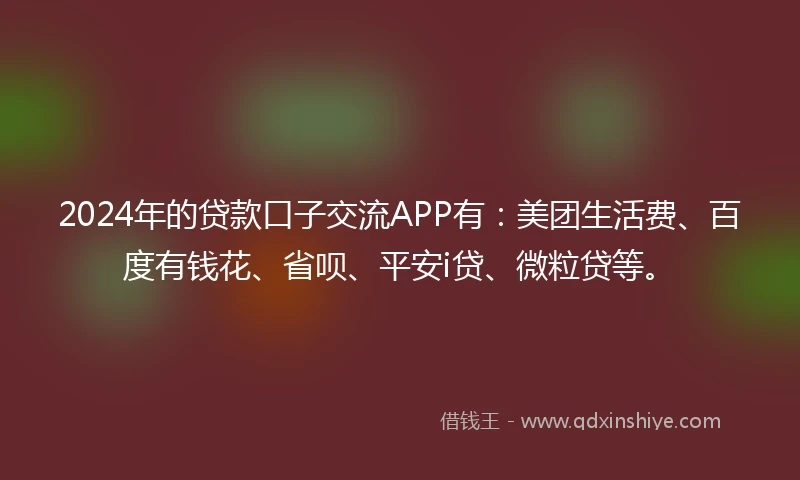 2024年的贷款口子交流APP有：美团生活费、百度有钱花、省呗、平安i贷、微粒贷等。