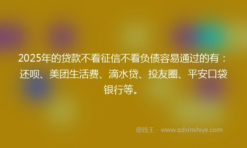 2025年的贷款不看征信不看负债容易通过的有：还呗、美团生活费、滴水贷、投友圈、平安口袋银行等。