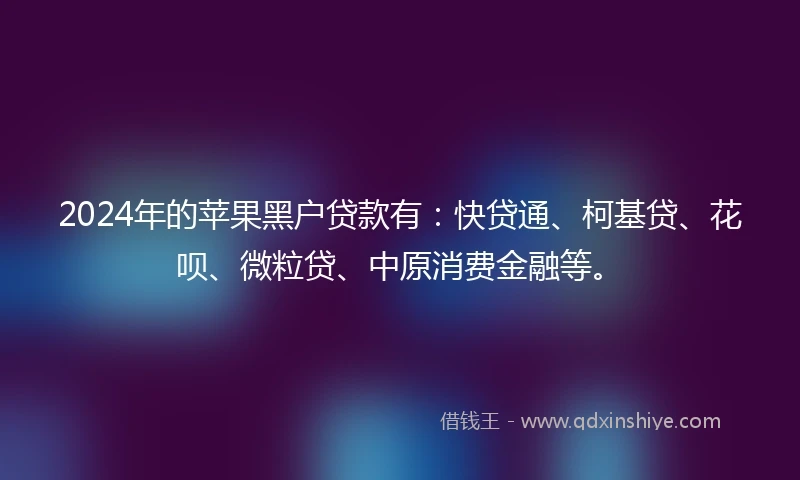 2024年的苹果黑户贷款有：快贷通、柯基贷、花呗、微粒贷、中原消费金融等。