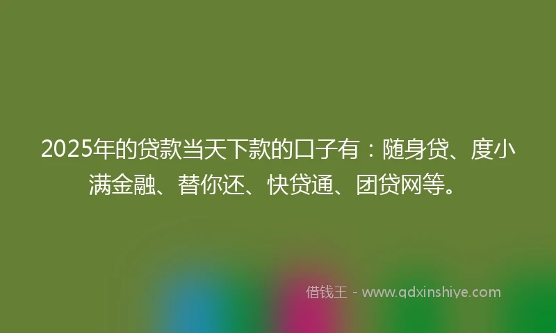 2025年的贷款当天下款的口子有：随身贷、度小满金融、替你还、快贷通、团贷网等。