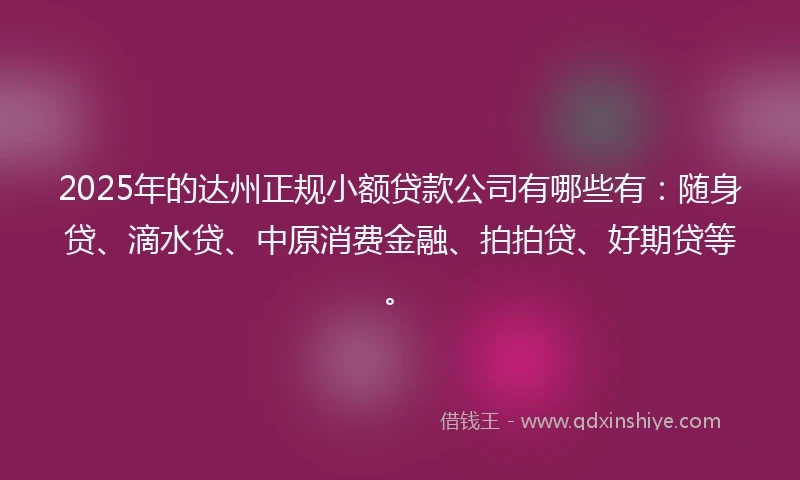 2025年的达州正规小额贷款公司有哪些有：随身贷、滴水贷、中原消费金融、拍拍贷、好期贷等。