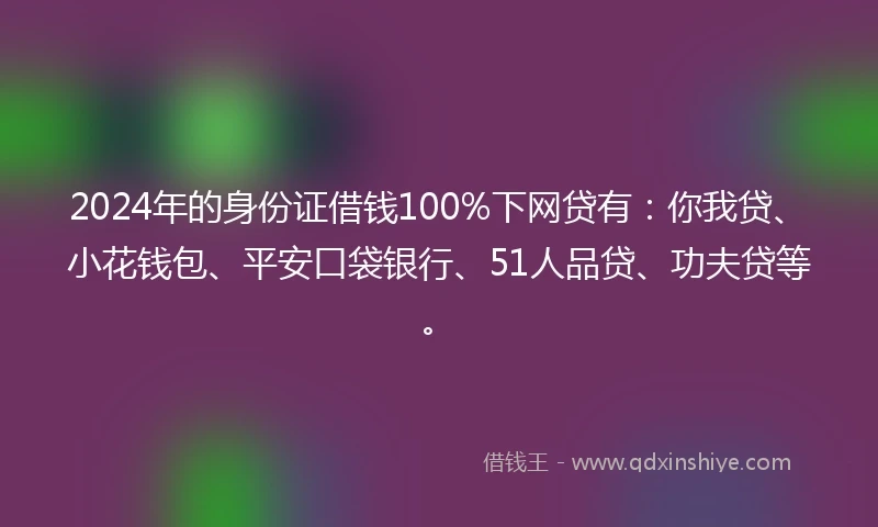 2024年的身份证借钱100%下网贷有：你我贷、小花钱包、平安口袋银行、51人品贷、功夫贷等。