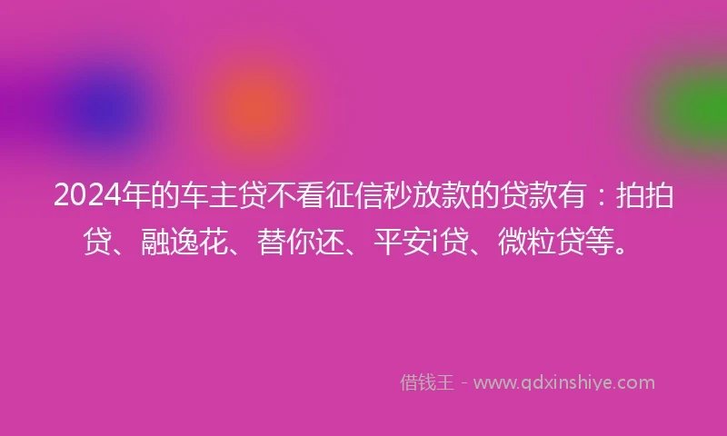 2024年的车主贷不看征信秒放款的贷款有：拍拍贷、融逸花、替你还、平安i贷、微粒贷等。