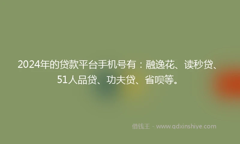 2024年的贷款平台手机号有：融逸花、读秒贷、51人品贷、功夫贷、省呗等。